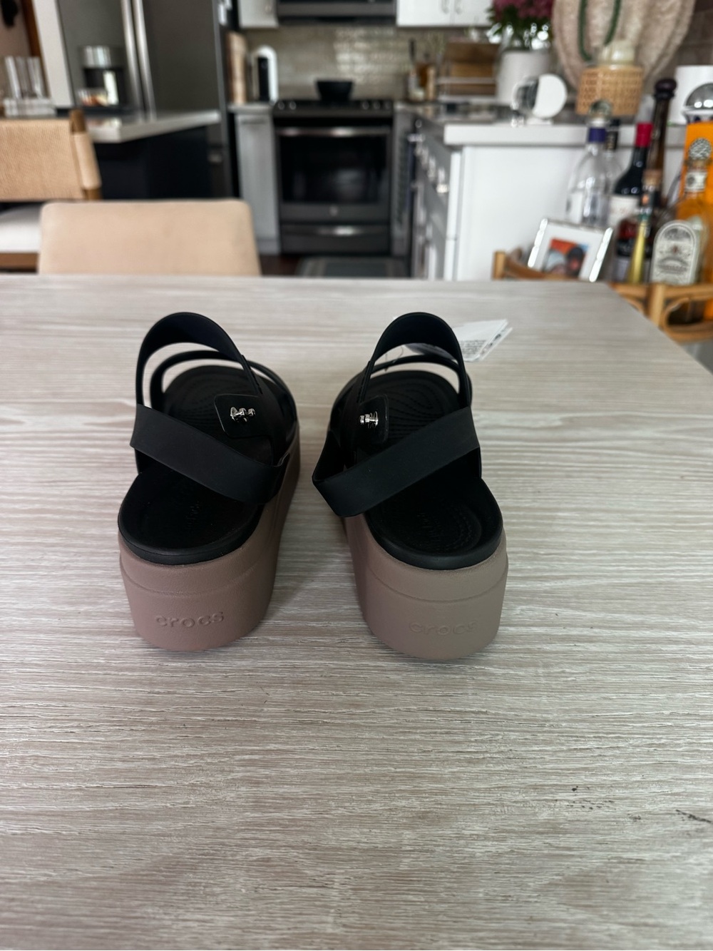 CROCS Women’s Black Strappy Sandal with Taupe Platform - Picture 5 of 8